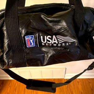 PGA Tour Genuine Leather Duffle Bag Vintage 1990's Golf MGAA USA Network Strap.